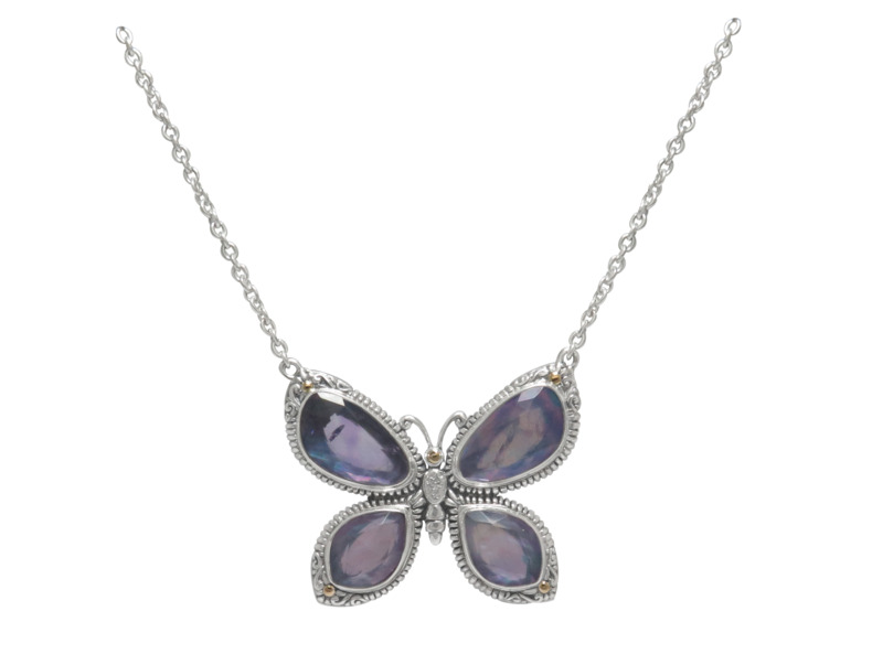 SAMUEL B COLLECTION MARIPOSA STERLING SILVER & 18K YELLOW GOLD BUTTERFLY PENDANT WITH MOONSTONE AND AMETHYST 16