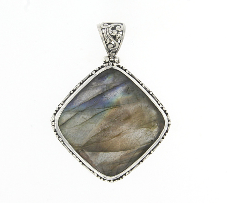 SAMUEL B COLLECTION PAYUNG STERLING SILVER SCROLL BEZEL PENDANT WITH 34MM CUSHION CUT LABRADORITE
