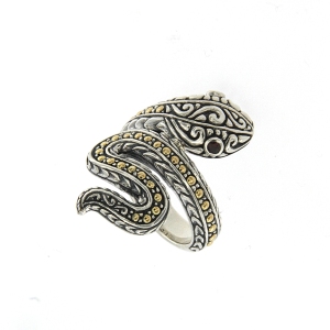 SAMUEL B STERLING SILVER & 18K YELLOW GOLD SNAKE RING SIZE 8 WITH GARNET EYES