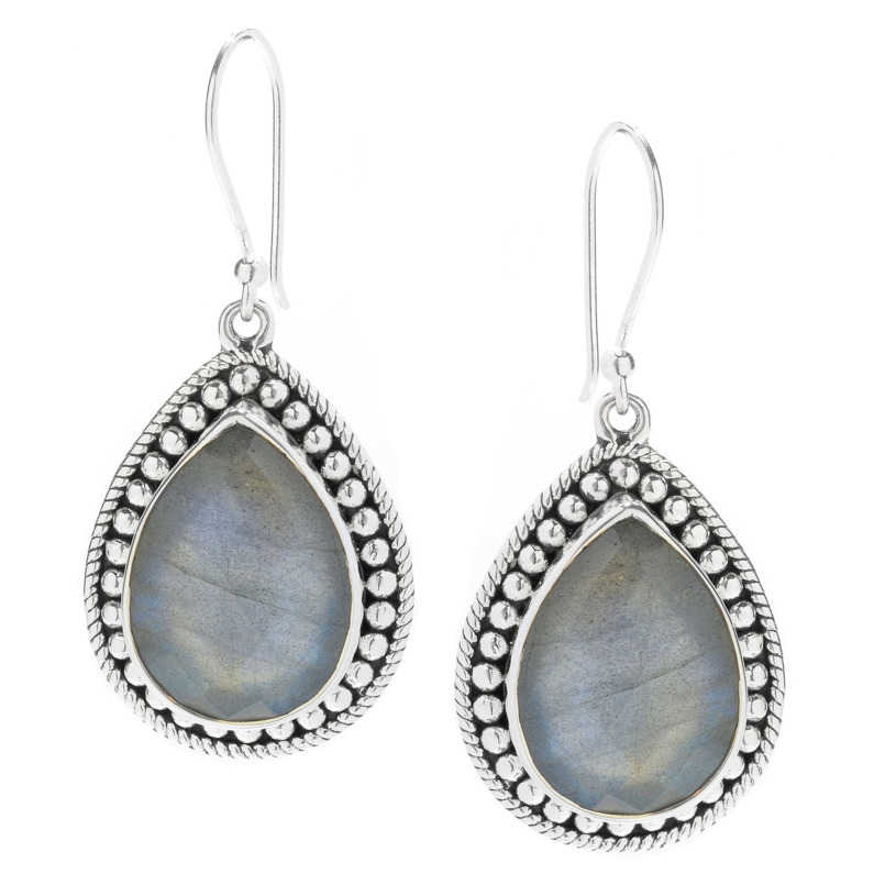 SAMUEL B COLLECTION PIR STERLING SILVER BEADED DROP EARRINGS WITH PEAR LABRADORITE
