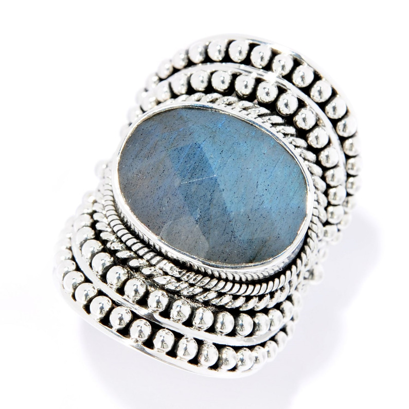 SAMUEL B COLLECTION BELOVED STERLING SILVER BEADED BEZEL SADDLE RING SIZE 7 WITH OVAL LABRADORITE