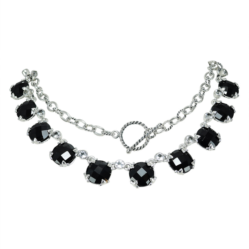 SAMUEL B COLLECTION STERLING SILVER CUSHION CUT BLACK SPINEL & WHITE TOPAZ STATION NECKLACE