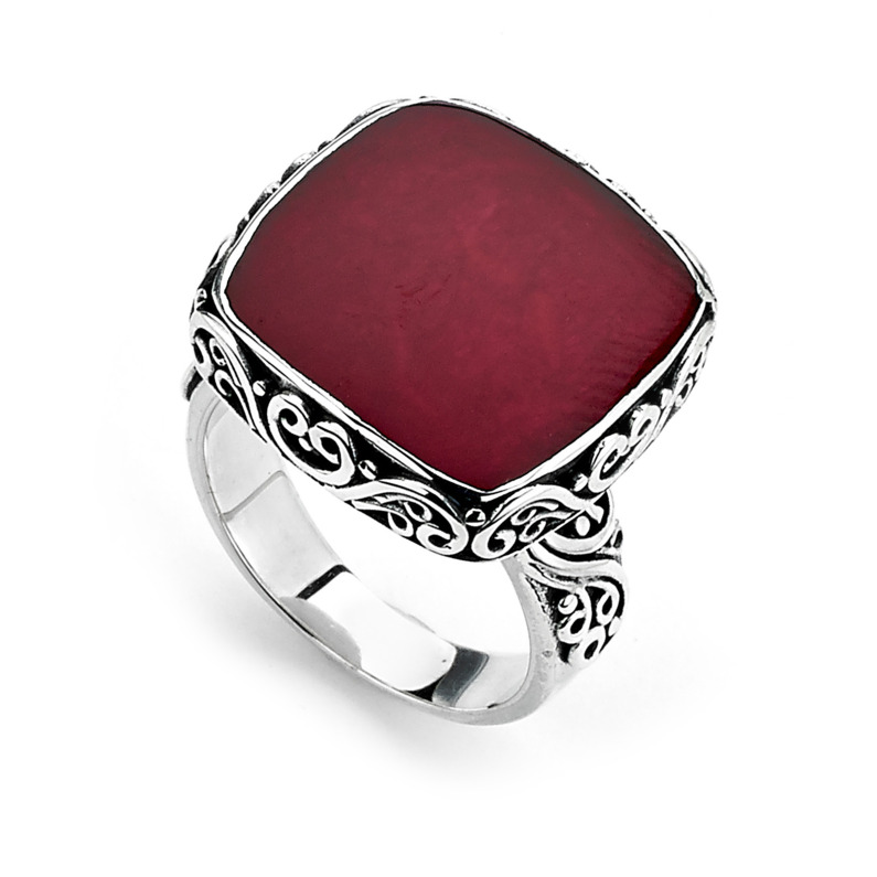 SAMUEL B COLLECTION WANDER STERLING SILVER SCROLL BEZEL RING SIZE 7 WITH SQUARE CORAL