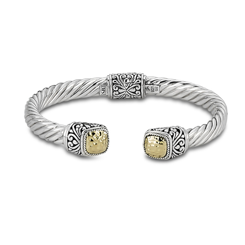 SAMUEL B COLLECTION REIGN TWISTED STERLING SILVER & 18K YELLOW GOLD HAMMERED OPEN HINGED BANGLE BRACELET
