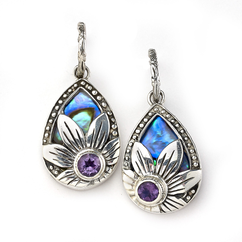 SAMUEL B STERLING SILVER MAKANA FLOWER ACCENT EARRINGS WITH ABALONE & AMETHYST