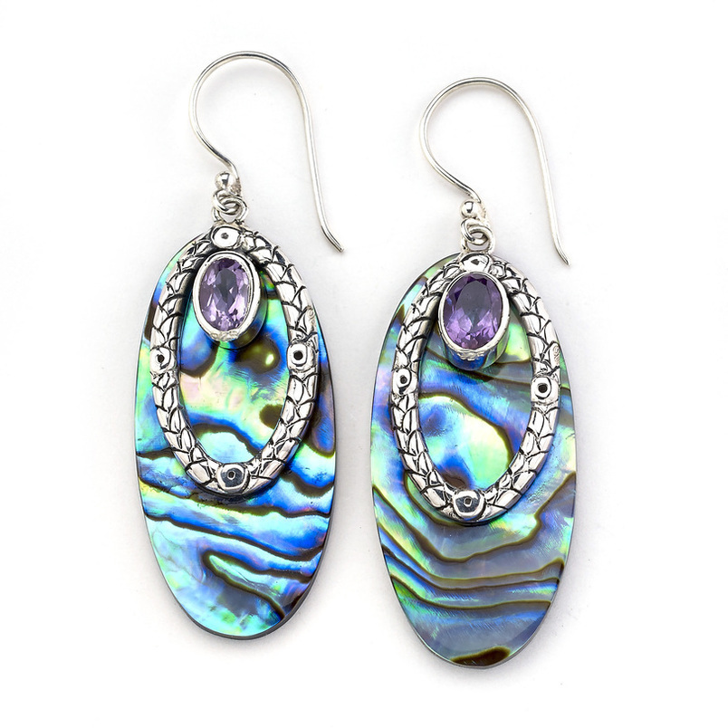 SAMUEL B STERLING SILVER BORA BORA EARRINGS  WITH ABALONE AND AMETHYST ACCENT