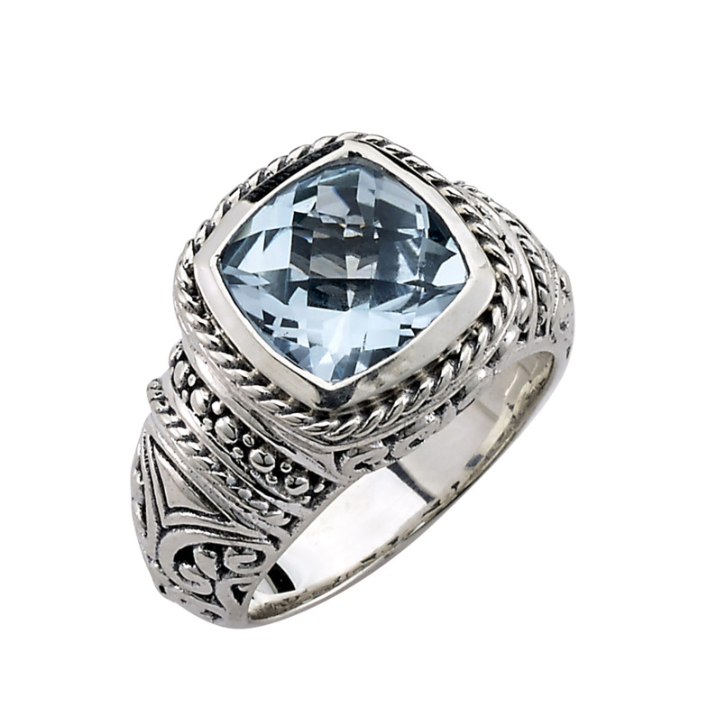 SAMUEL B COLLECTION HONESTY STERLING SILVER BEZEL RING SIZE 7 WITH CUSHION CUT BLUE TOPAZ