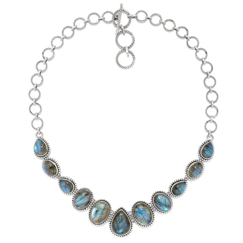 SAMUEL B COLLECTION SWEET WATER STERLING SILVER BEADED STATEMENT NECKLACE WITH OVAL AND PEAR LABRADORITE