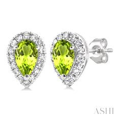 10K WHITE GOLD HALO STUD EARRINGS WITH 2 = 5.00X3.00MM PEAR PERIDOTS AND 32 = 0.14TW SINGLE CUT I-J I1-I2 DIAMONDS   (0.96 GRAMS)