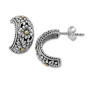 SAMUEL B STERLING SILVER & 18K YELLOW GOLD FLOWER DESIGN HOOP EARRINGS