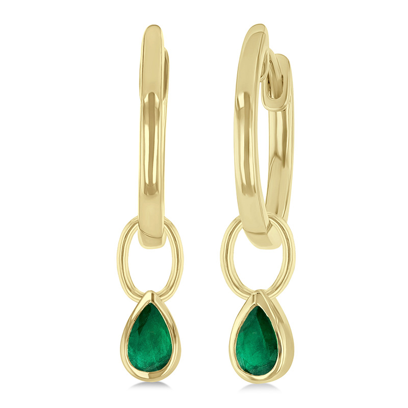 14K YELLOW GOLD HOOP EARRINGS WITH 2 = 5.00X3.00MM PEAR EMERALD DANGLES   (2.34 GRAMS)