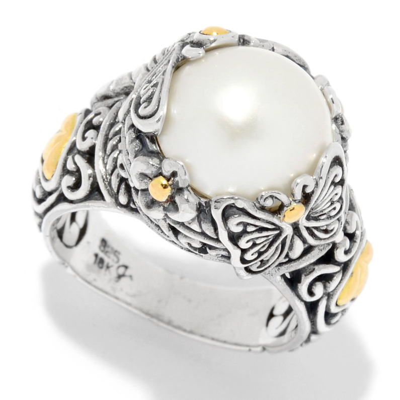 SAMUEL B COLLECTION BORNEO STERLING SILVER & 18K YELLOW GOLD BUTTERFLY & DRAGONFLY RING SIZE 7 WITH MABE PEARL