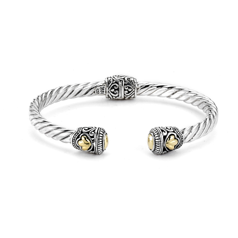 SAMUEL B COLLECTION CORINA STERLING SILVER & 18K YELLOW GOLD TWISTED HINGED BANGLE BRACELET