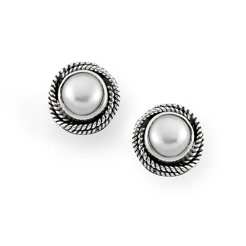 SAMUEL B STERLING SILVER STUD EARRINGS WITH ROUND 6MM WHITE MABE PEARLS