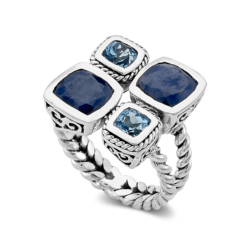 SAMUEL B COLLECTION CABU STERLING SILVER ROPE BEZEL RING SIZE 7 WITH CUSHION CUT MADAGASCAR BLUE SAPPHIRES AND BLUE TOPAZ
