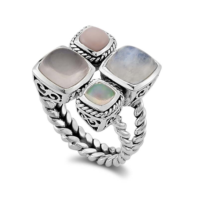 SAMUEL B COLLECTION CABU STERLING SILVER TWISTED BEZEL RING SIZE 8 WITH CABOCHON ROSE QUARTZ  RAINBOW MOONSTONE  PINK OPAL  AND OPAL