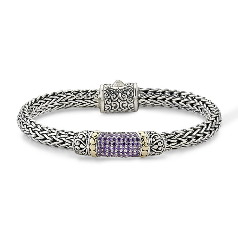 SAMUEL B COLLECTION UBUD STERLING SILVER & 18K YELLOW GOLD PAVE SET BRACELET WITH ROUND AMETHYSTS