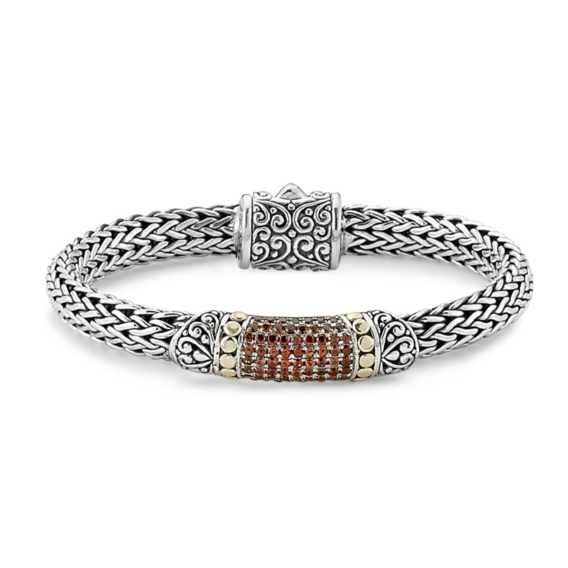 SAMUEL B COLLECTION UBUD STERLING SILVER & 18K YELLOW GOLD PAVE SET BRACELET WITH ROUND GARNETS