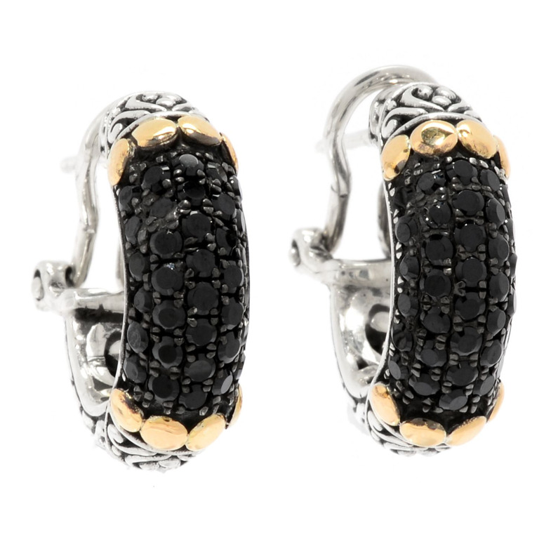 SAMUEL B COLLECTION UBUD STERLING SILVER & 18K YELLOW GOLD DOT HUGGIE EARRINGS WITH BLACK SPINEL