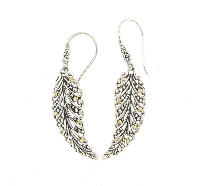SAMUEL B COLLECTION PECAN LEAF STERLING SILVER & 18K YELLOW GOLD DANGLE EARRINGS