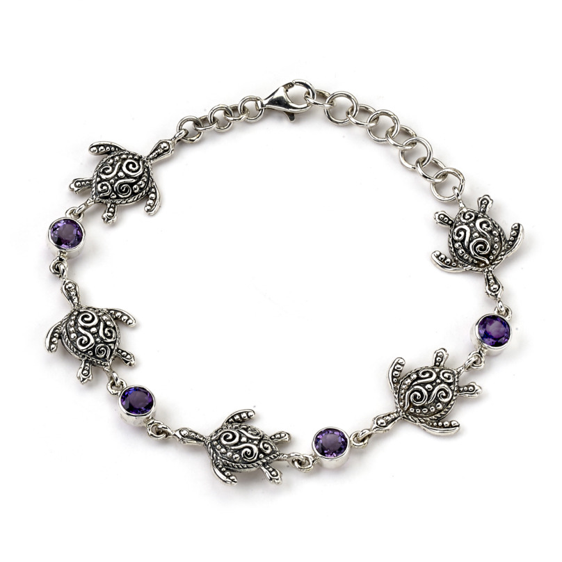 SAMUEL B COLLECTION STERLING SILVER TURTLE LINK BRACELET WITH ROUND AMETHYSTS