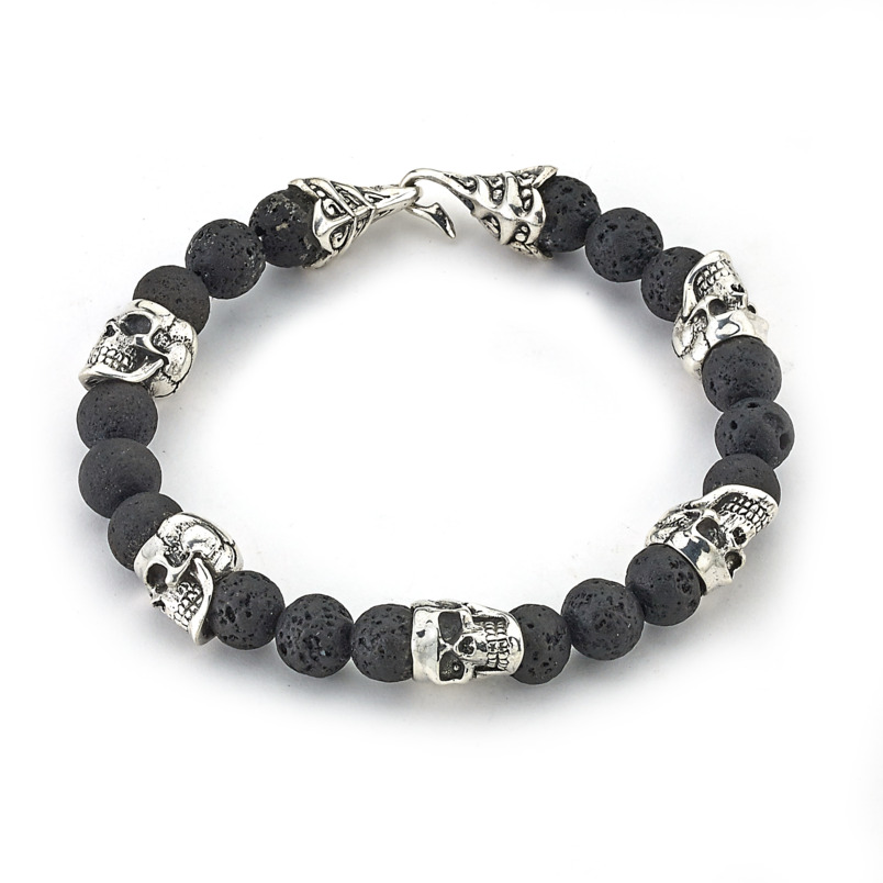 SAMUEL B MEN'S STERLING SILVER SKULL AND LAVA BEADS 8