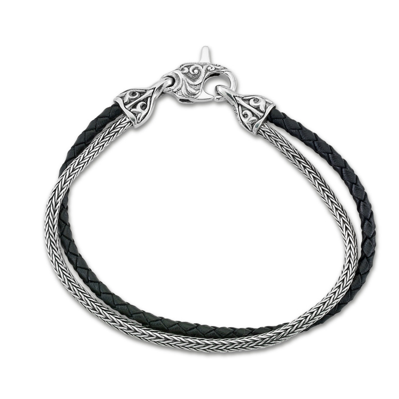 SAMUEL B STERLING SILVER TULANG NAGA & BLACK LEATHER CORD 8