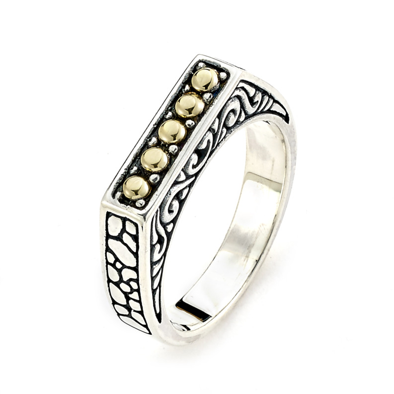 SAMUEL B COLLECTION TIPIS STERLING SILVER & 18K YELLOW GOLD BALINESE DESIGN BEADED BAR RING SIZE 7