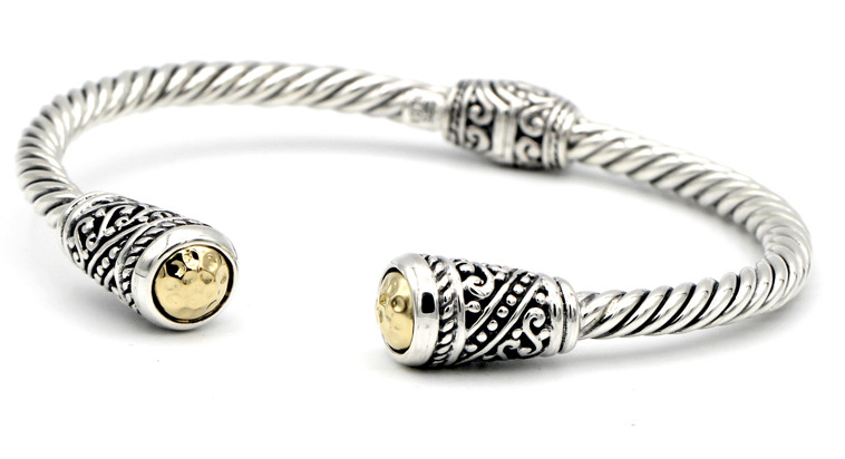 SAMUEL B COLLECTION ALBA STERLING SILVER & 18K YELLOW GOLD HAMMERED OPEN HINGED TWISTED CABLE BANGLE BRACELET
