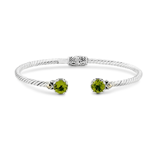 SAMUEL B STERLING SILVER & 18 KARAT 7MM ROUND PERIDOT TWISTED CABLE BANGLE IN 3MM WIDTH
