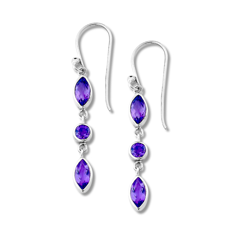SAMUEL B STERLING SILVER MAHAWU MARQUISE AND ROUND CUT AMETHYST DROP EARRINGS