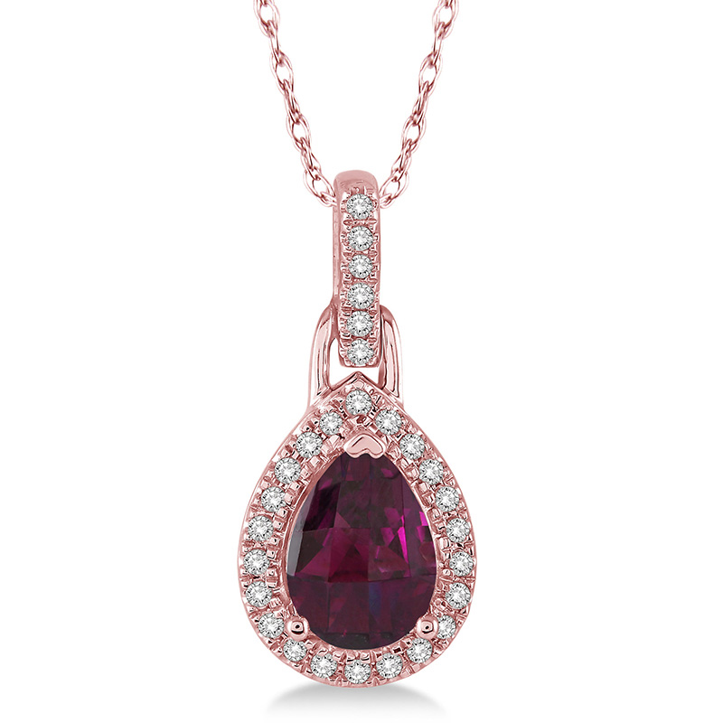 10K ROSE GOLD HALO PENDANT WITH ONE = 7.00X5.00MM PEAR RHODOLITE GARNET AND 28 = 0.11TW SINGLE CUT I-J I1-I2 DIAMONDS 18