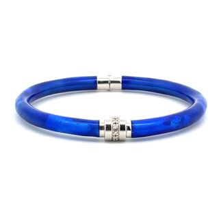 SOHO STERLING SILVER COBALT WITH COBALT FOLIAGE ENAMELLED BANGLE BRACELET WITH 7=0.08TW ROUND G SI2 DIAMONDS