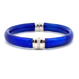 SOHO STERLING SILVER COBALT WITH COBALT FOLIAGE ENAMELLED BANGLE BRACELET WITH 8=0.12TW ROUND G SI2 DIAMONDS