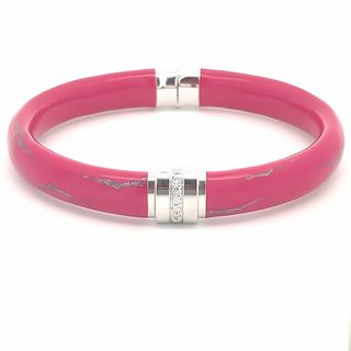SOHO STERLING SILVER MAGENTA SILVER ENAMELLED BANGLE BRACELET WITH 8=0.12TW ROUND G SI2 DIAMONDS