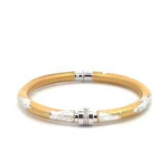 SOHO STERLING SILVER GOLD TONE WITH SILVER FOLIAGE BANGLE BRACELET WITH 7=0.08TW ROUND G SI2 DIAMONDS