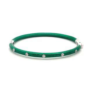 STERLING SILVER EMERALD ENAMELLED BANGLE BRACELET WITH 5=0.10TW ROUND G SI2 DIAMONDS