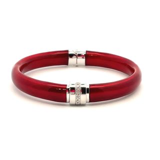 SOHO STERLING SILVER RED ENAMELLED BANGLE BRACELET WITH 8=0.12TW ROUND G SI1 DIAMONDS