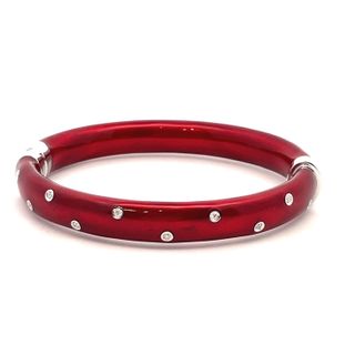 SOHO STERLING SILVER RED ENAMELLED BANGLE BRACELET WITH 10=0.12TW ROUND G SI2 DIAMONDS