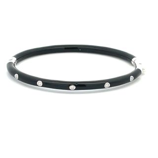 SOHO STERLING SILVER BLACK ENAMELLED BANGLE BRACELET WITH 5=0.10TW ROUND G SI2 DIAMONDS