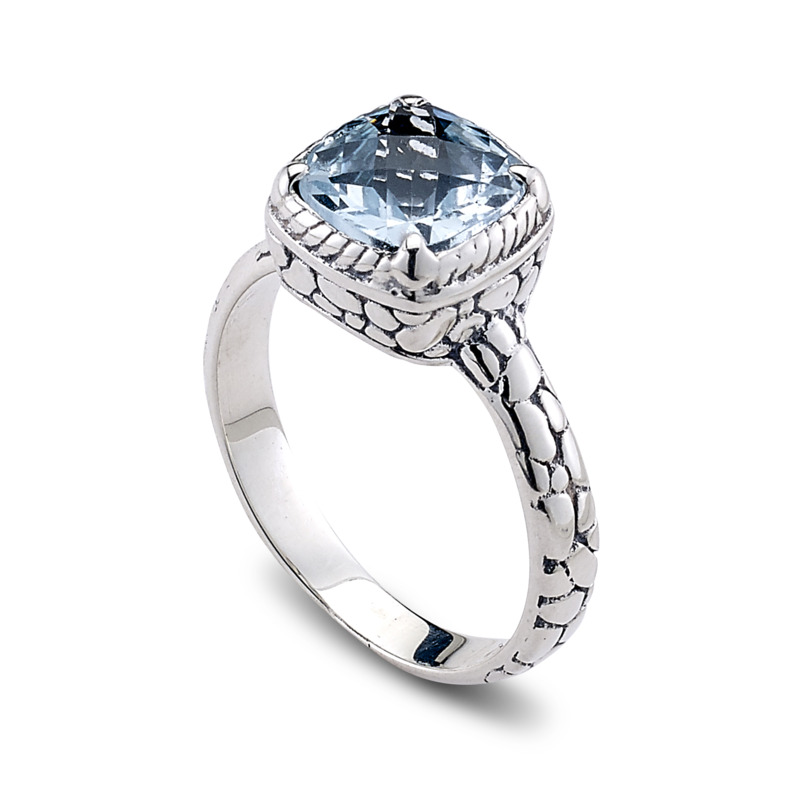 SAMUEL B COLLECTION SEGARA STERLING SILVER BEZEL RING SIZE 7 WITH CUSHION CUT BLUE TOPAZ