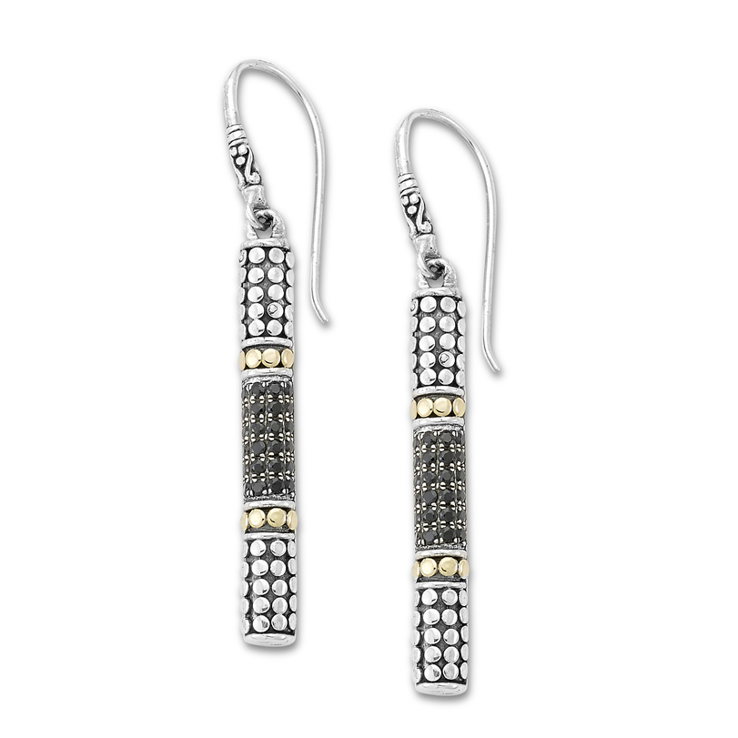 SAMUEL B STERLING SILVER & 18K YELLOW GOLD DEWI SITA BAR DROP EARRINGS WITH PAVE BLACK SPINEL