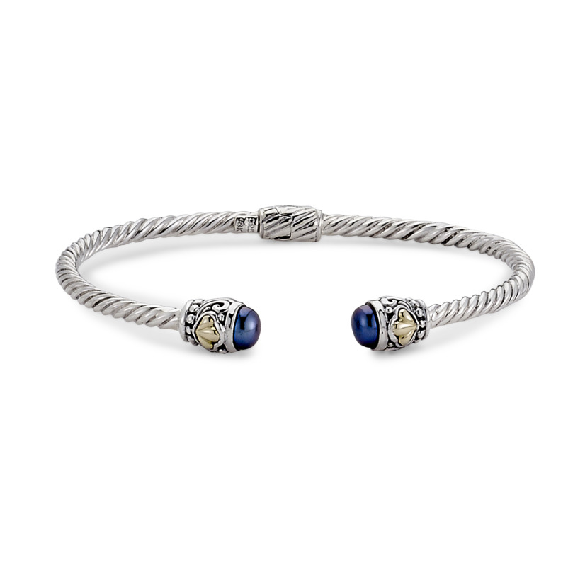 SAMUEL B COLLECTION SIENNA STERLING SILVER & 18K YELLOW GOLD TWISTED CABLE OPEN HINGED 3MM BANGLE BRACELET WITH BLUE PEARL END CAPS