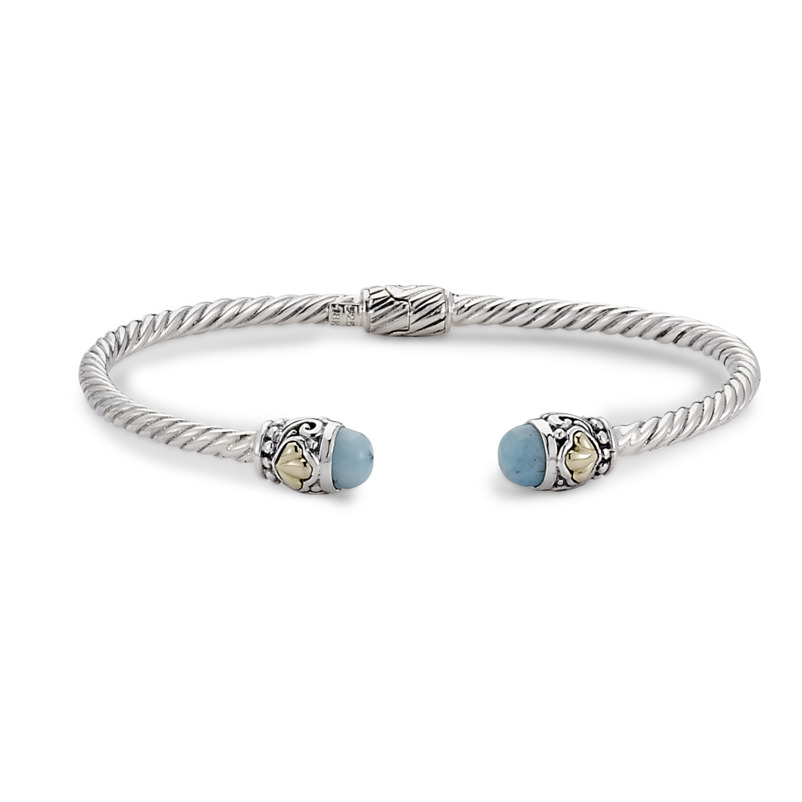 SAMUEL B COLLECTION SIENNA STERLING SILVER & 18K YELLOW GOLD TWISTED CABLE OPEN HINGED 3MM BANGLE BRACELET WITH LARIMAR END CAPS