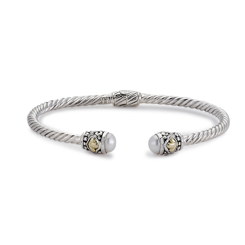 SAMUEL B COLLECTION SIENNA STERLING SILVER & 18K YELLOW GOLD TWISTED CABLE OPEN HINGED 3MM BANGLE BRACELET WITH PEARL END CAPS