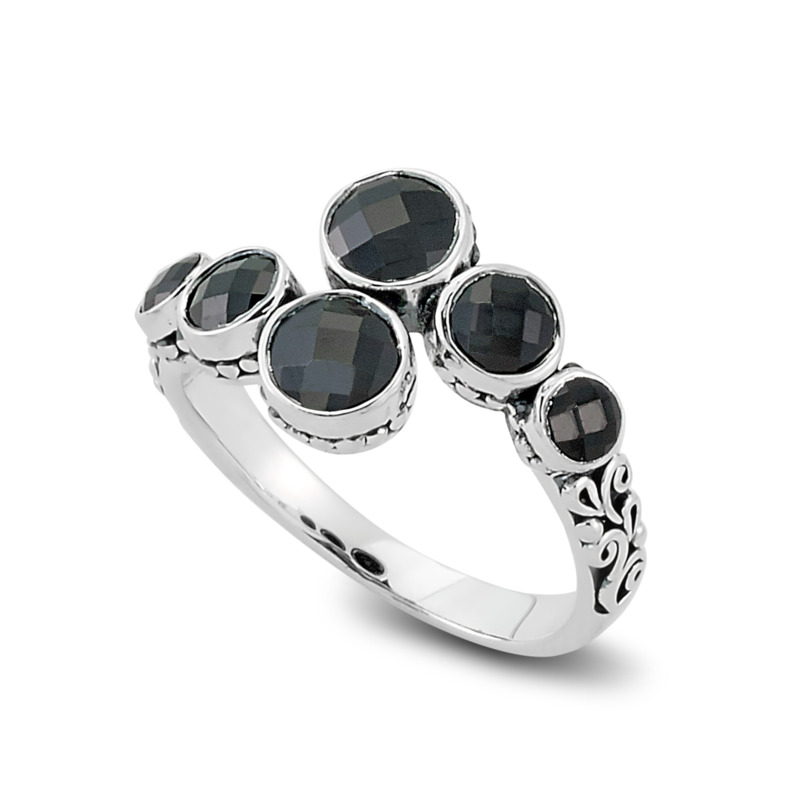 SAMUEL B COLLECTION TARUTUNG STERLING SILVER SCROLL BYPASS RING SIZE 7 WITH ROUND BLACK SPINELS