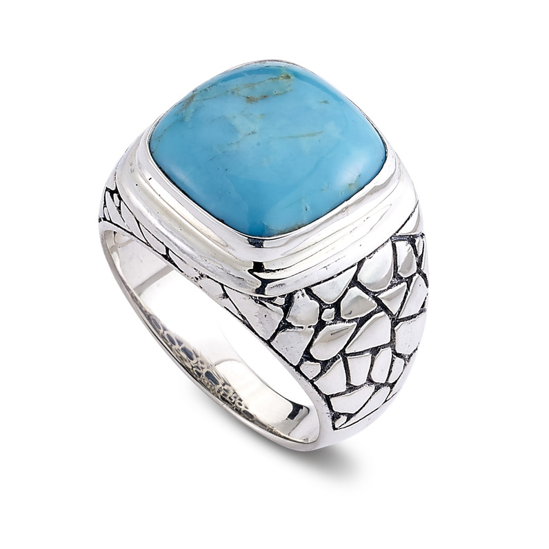 SAMUEL B STERLING SILVER BIRU PEBBLE DESIGN RING WITH CUSHION CUT TURQUOISE SIZE 10