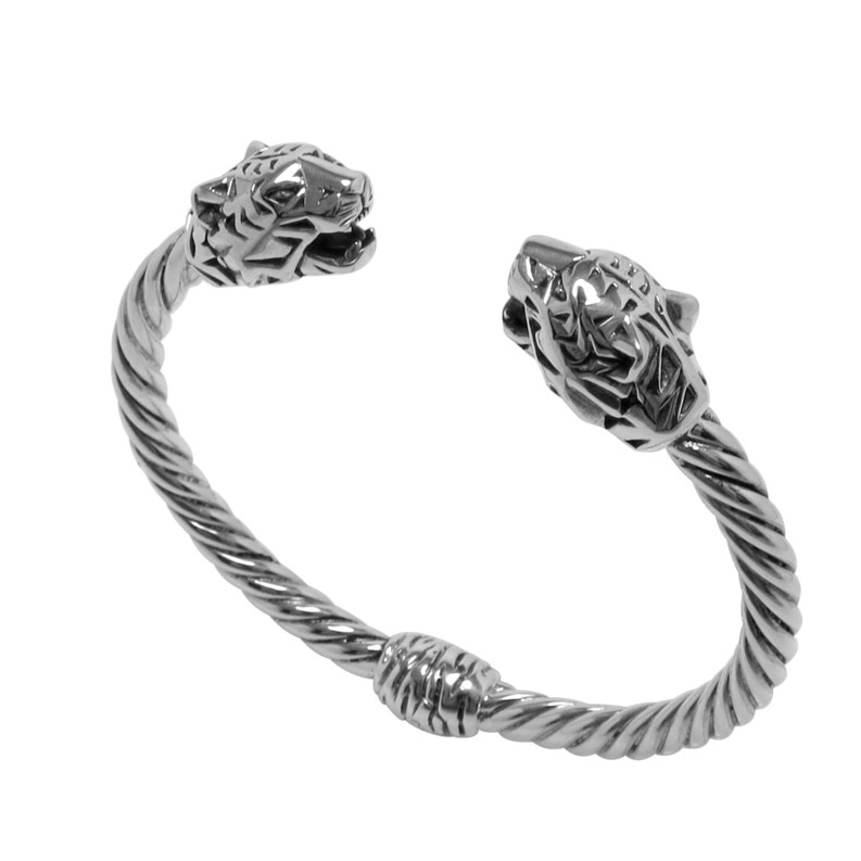 SAMUEL B COLLECTION KUMBANG STERLING SILVER TWISTED CABLE HINGED OPEN BANGLE BRACELET WITH PANTHER HEAD END CAPS
