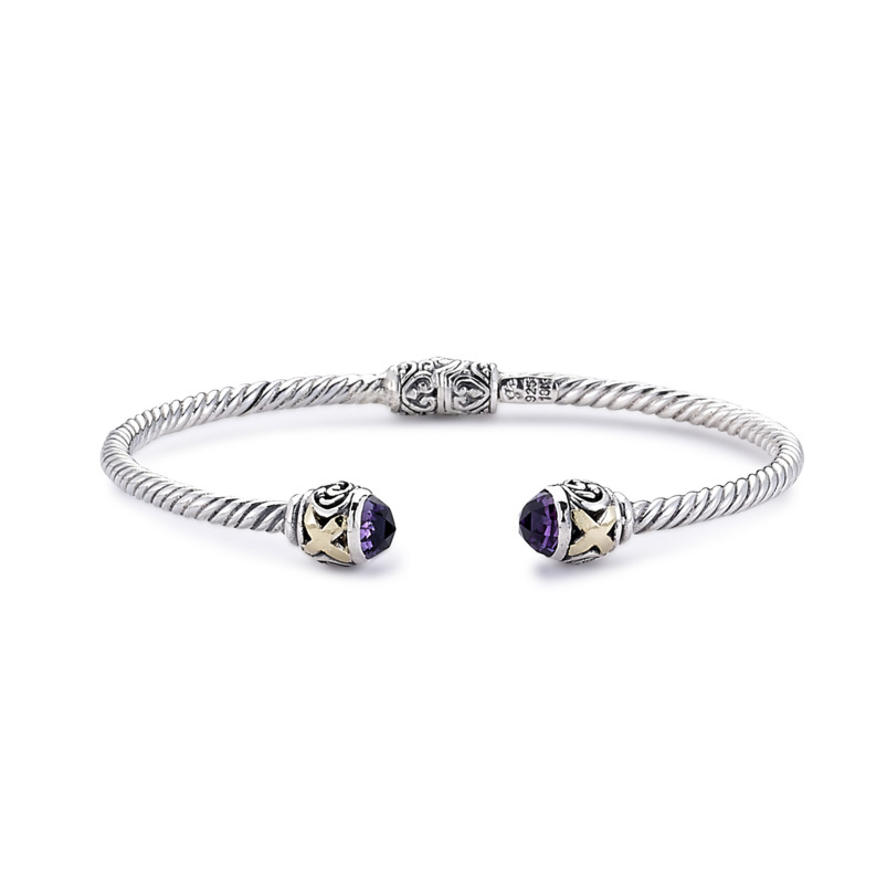 SAMUEL B COLLECTION LEANDRA STERLING SILVER & 18K YELLOW GOLD TWISTED CABLE OPEN HINGED BANGLE BRACELET WITH AMETHYST END CAPS