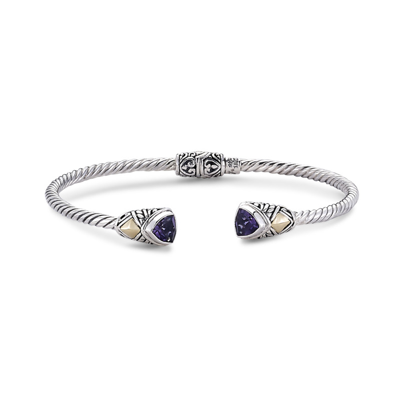 SAMUEL B COLLECTION GEMMA STERLING SILVER & 18K YELLOW GOLD TWISTED CABLE OPEN HINGED BANGLE BRACELET WITH TRILLION AMETHYST END CAPS